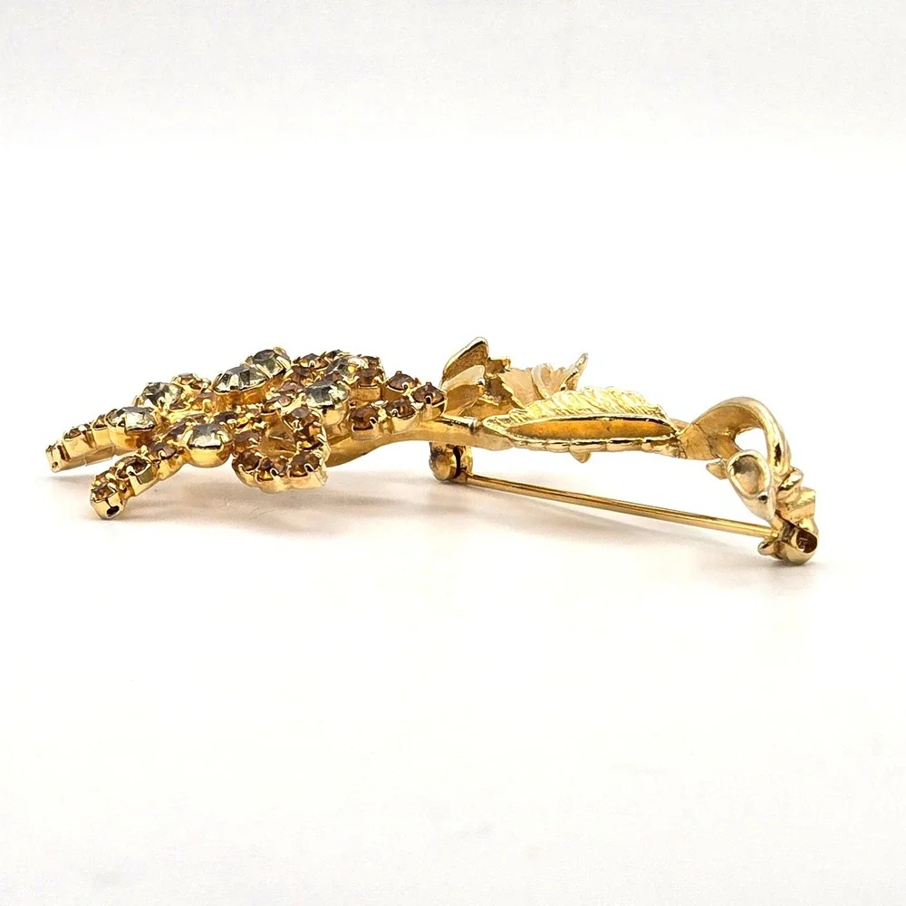 Vintage Gold Tone Honey Rhinestone Flower Brooch Pin Mid Century‎ Floral Jewelry
